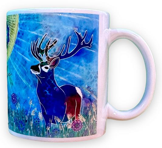 whimsy and me, whimsical deer, intuitive painting, creek, bold colors, lotus flowers, water, free, purple, turquoise, flowers, forest, trees, art, mug
