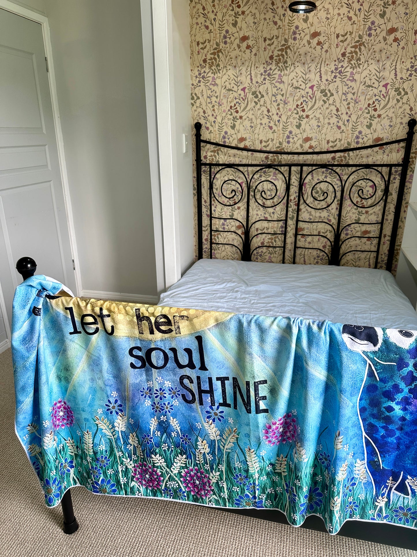 whimsy and me, whimsical deer, intuitive painting, creek, bold colors, lotus flowers, water, free, purple, turquoise, flowers, forest, trees, beach towel