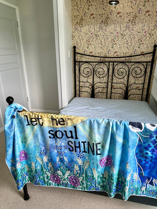 whimsy and me, whimsical deer, intuitive painting, creek, bold colors, lotus flowers, water, free, purple, turquoise, flowers, forest, trees, beach towel