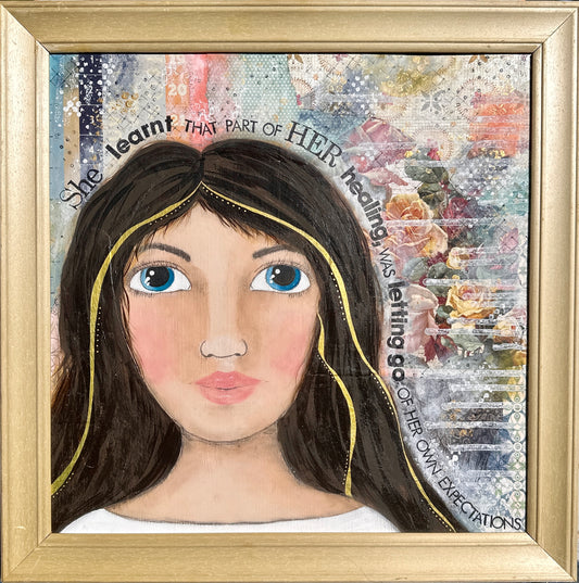whimsy and me, multi colored, mixed media, girl, brunette, framed, recycled frame, blue eyes, whimsical girl, flowers, gold, healing, letting go