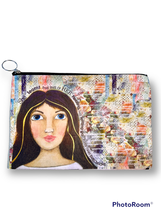 whimsy and me, multi colored, mixed media, girl, brunette, framed, recycled frame, blue eyes, whimsical girl, flowers, gold, healing, letting go, beauty bag, zipper closure