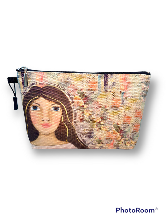 whimsy and me, multi colored, mixed media, girl, brunette, framed, recycled frame, blue eyes, whimsical girl, flowers, gold, healing, letting go, beauty bag, zipper closure
