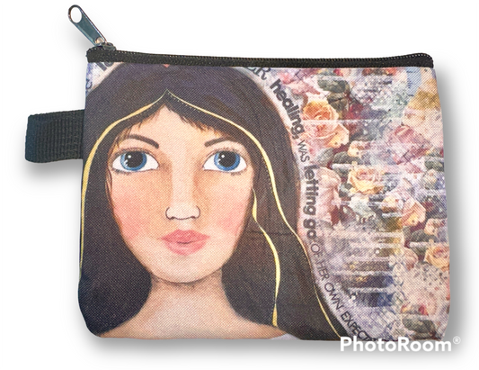 whimsy and me, multi colored, mixed media, girl, brunette, framed, recycled frame, blue eyes, whimsical girl, flowers, gold, healing, letting go, coin purse