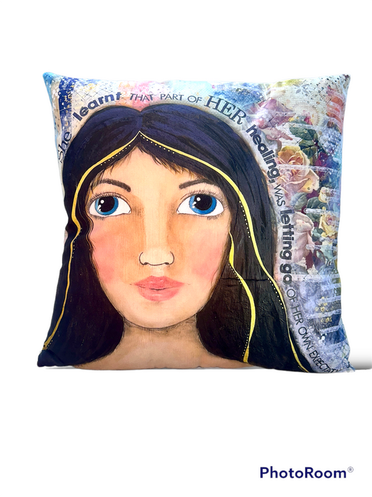 whimsy and me, multi colored, mixed media, girl, brunette, framed, recycled frame, blue eyes, whimsical girl, flowers, gold, healing, letting go, cushion cover, soft, double sided, snuggly, cosy