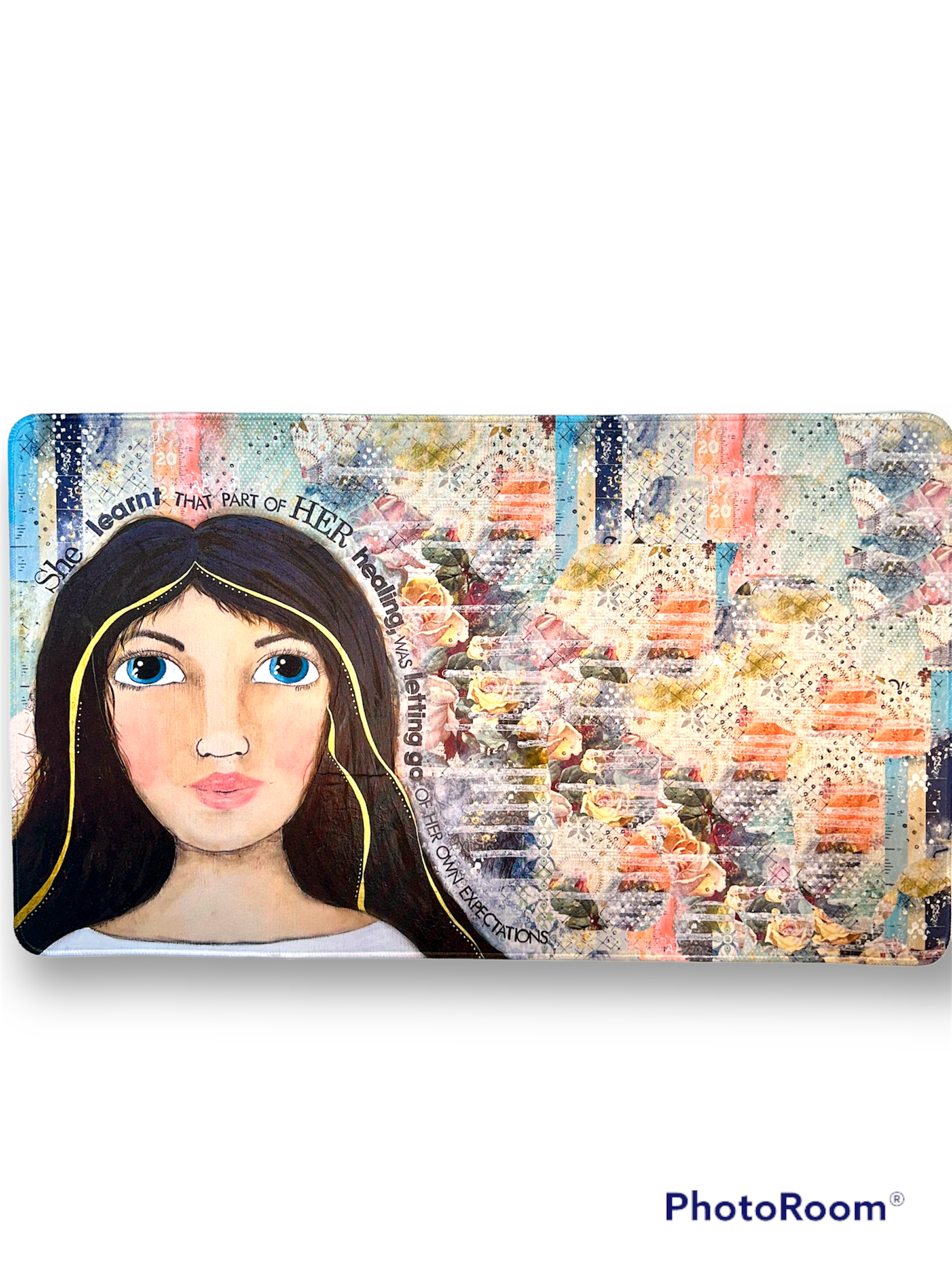 whimsy and me, multi colored, mixed media, girl, brunette, framed, recycled frame, blue eyes, whimsical girl, flowers, gold, healing, letting go, gaming mat, comfortable, soft