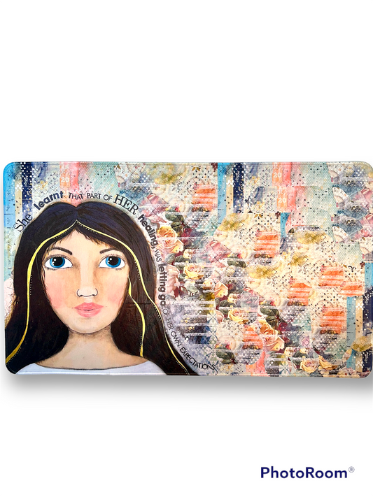whimsy and me, multi colored, mixed media, girl, brunette, framed, recycled frame, blue eyes, whimsical girl, flowers, gold, healing, letting go, gaming mat, comfortable, soft