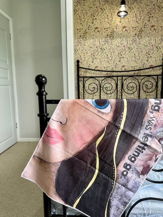 whimsy and me, multi colored, mixed media, girl, brunette, framed, recycled frame, blue eyes, whimsical girl, flowers, gold, healing, letting go, gym towel, soft, snuggly