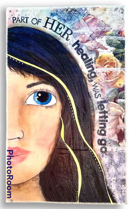 whimsy and me, multi colored, mixed media, girl, brunette, framed, recycled frame, blue eyes, whimsical girl, flowers, gold, healing, letting go, hand towel, soft
