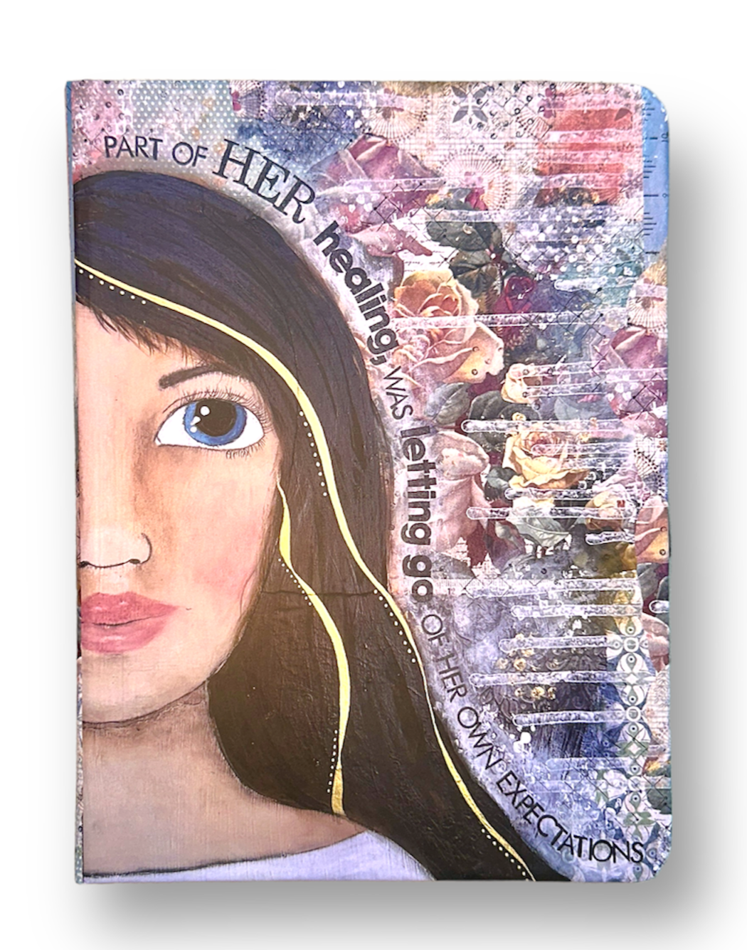 whimsy and me, multi colored, mixed media, girl, brunette, framed, recycled frame, blue eyes, whimsical girl, flowers, gold, healing, letting go, lined pages, journal, hard cover