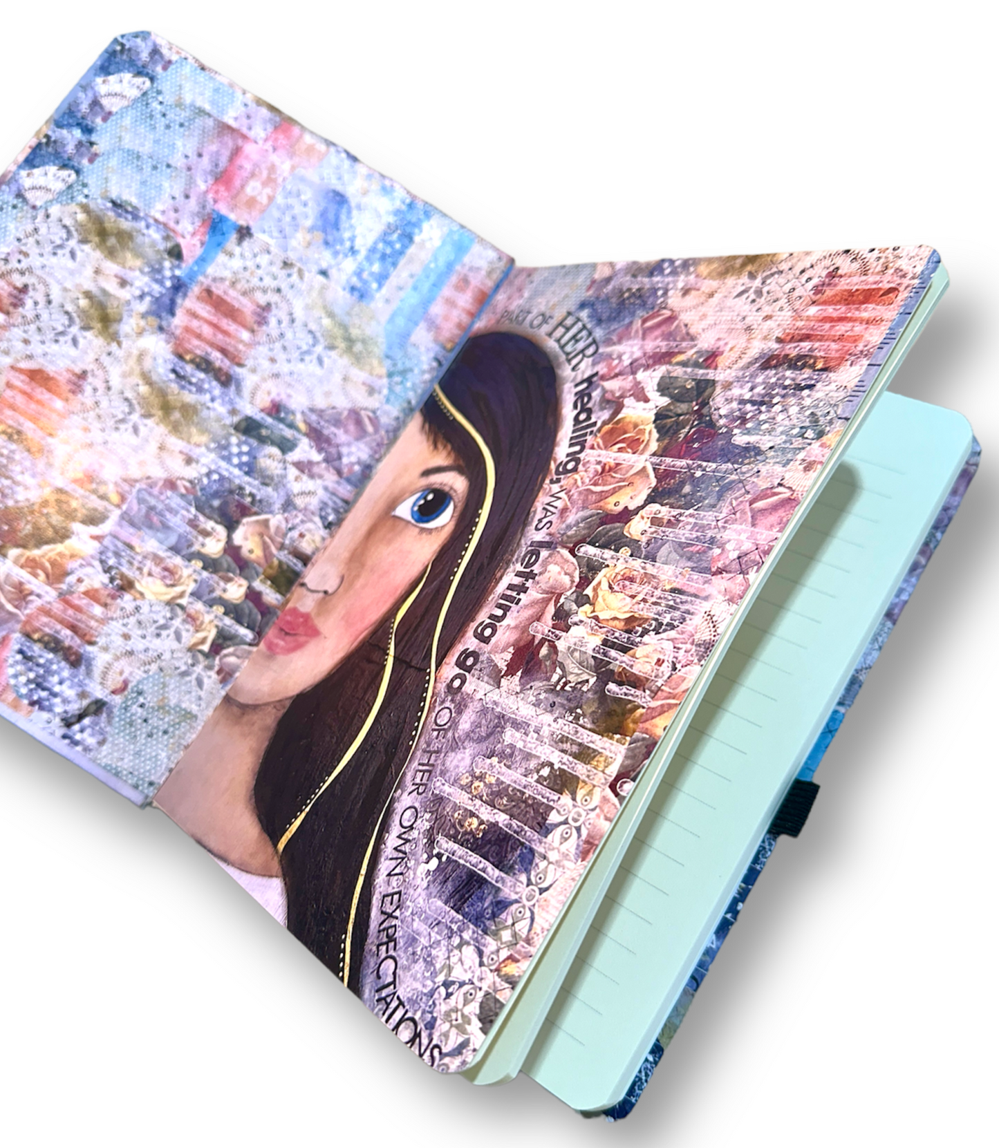 whimsy and me, multi colored, mixed media, girl, brunette, framed, recycled frame, blue eyes, whimsical girl, flowers, gold, healing, letting go, lined pages, journal, hard cover
