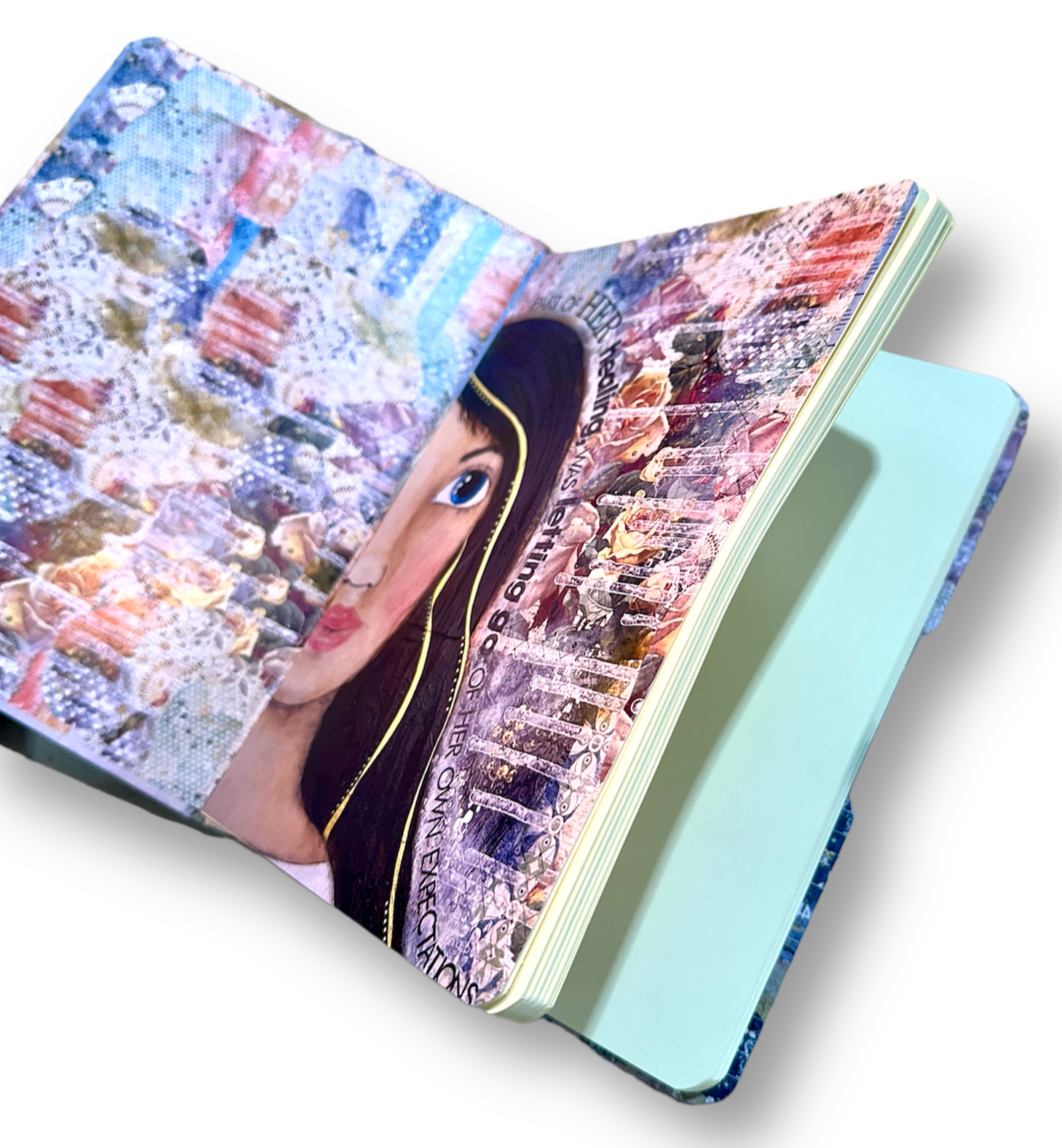 whimsy and me, multi colored, mixed media, girl, brunette, framed, recycled frame, blue eyes, whimsical girl, flowers, gold, healing, letting go, sketch book , art, journal, hard cover