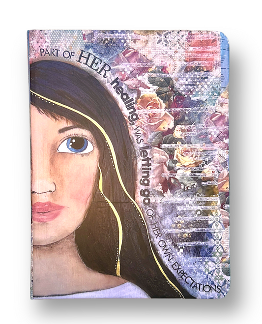 whimsy and me, multi colored, mixed media, girl, brunette, framed, recycled frame, blue eyes, whimsical girl, flowers, gold, healing, letting go, sketch book , art, journal, hard cover