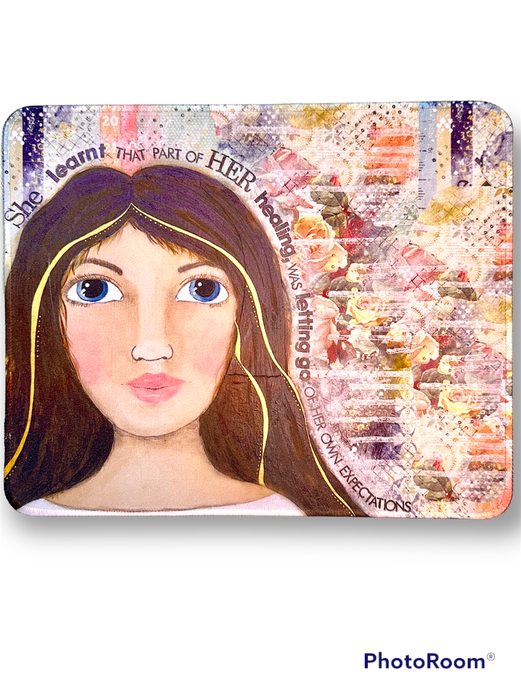 whimsy and me, multi colored, mixed media, girl, brunette, framed, recycled frame, blue eyes, whimsical girl, flowers, gold, healing, letting go, mouse pad