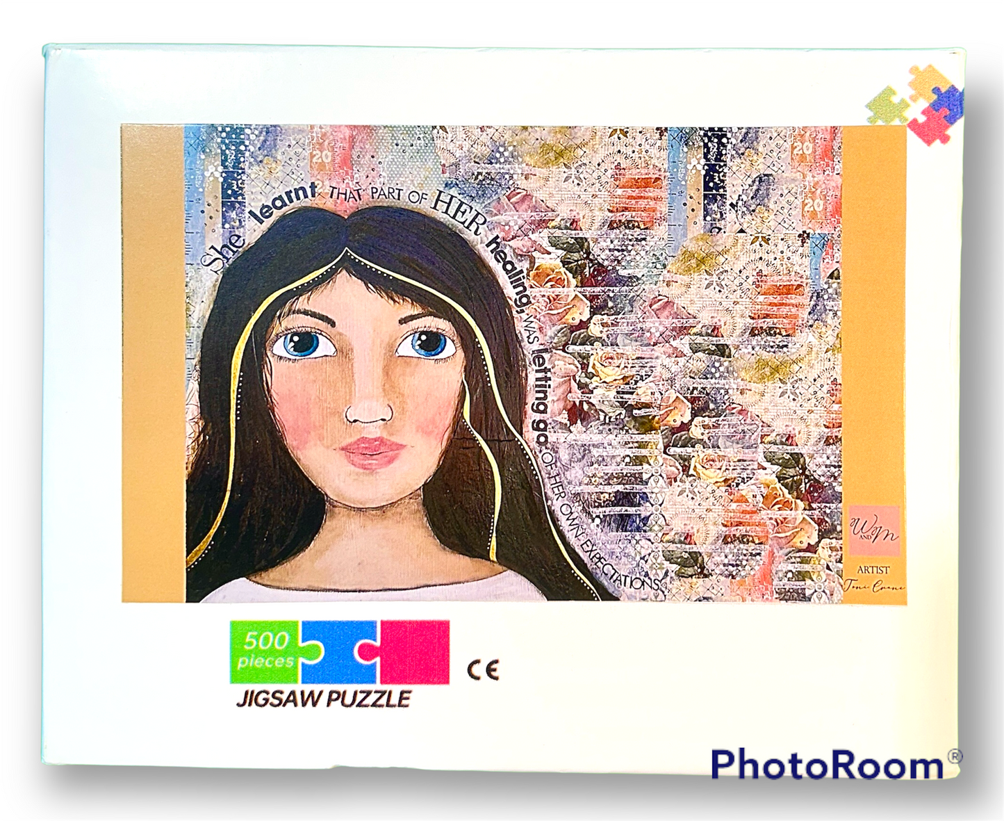 whimsy and me, multi colored, mixed media, girl, brunette, framed, recycled frame, blue eyes, whimsical girl, flowers, gold, healing, letting go, puzzle, creative