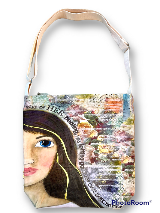whimsy and me, multi colored, mixed media, girl, brunette, framed, recycled frame, blue eyes, whimsical girl, flowers, gold, healing, letting go, satchel bag