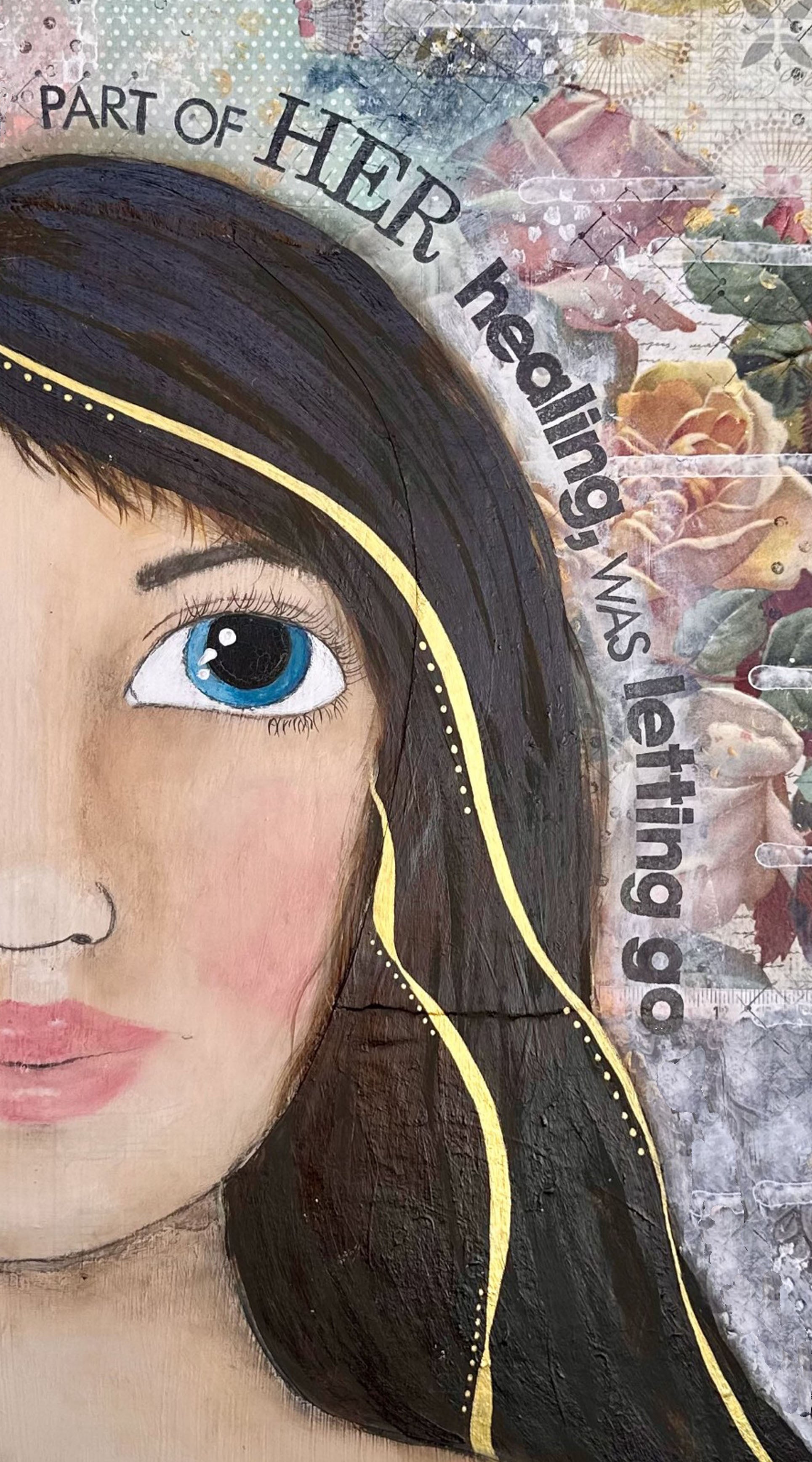 whimsy and me, multi colored, mixed media, girl, brunette, framed, recycled frame, blue eyes, whimsical girl, flowers, gold, healing, letting go, gym towel, soft, snuggly