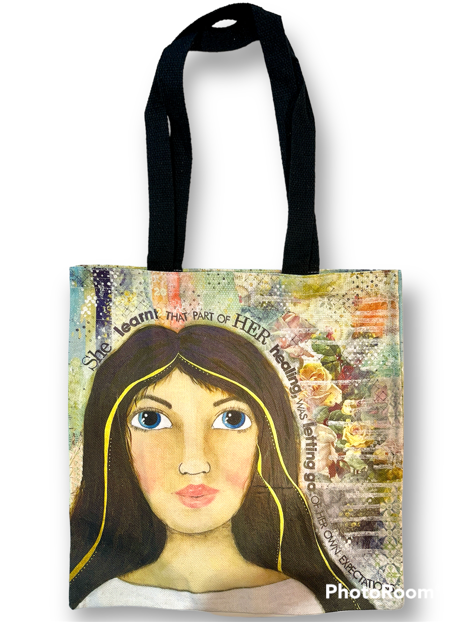 whimsy and me, multi colored, mixed media, girl, brunette, framed, recycled frame, blue eyes, whimsical girl, flowers, gold, healing, letting go, tote bag, double sided