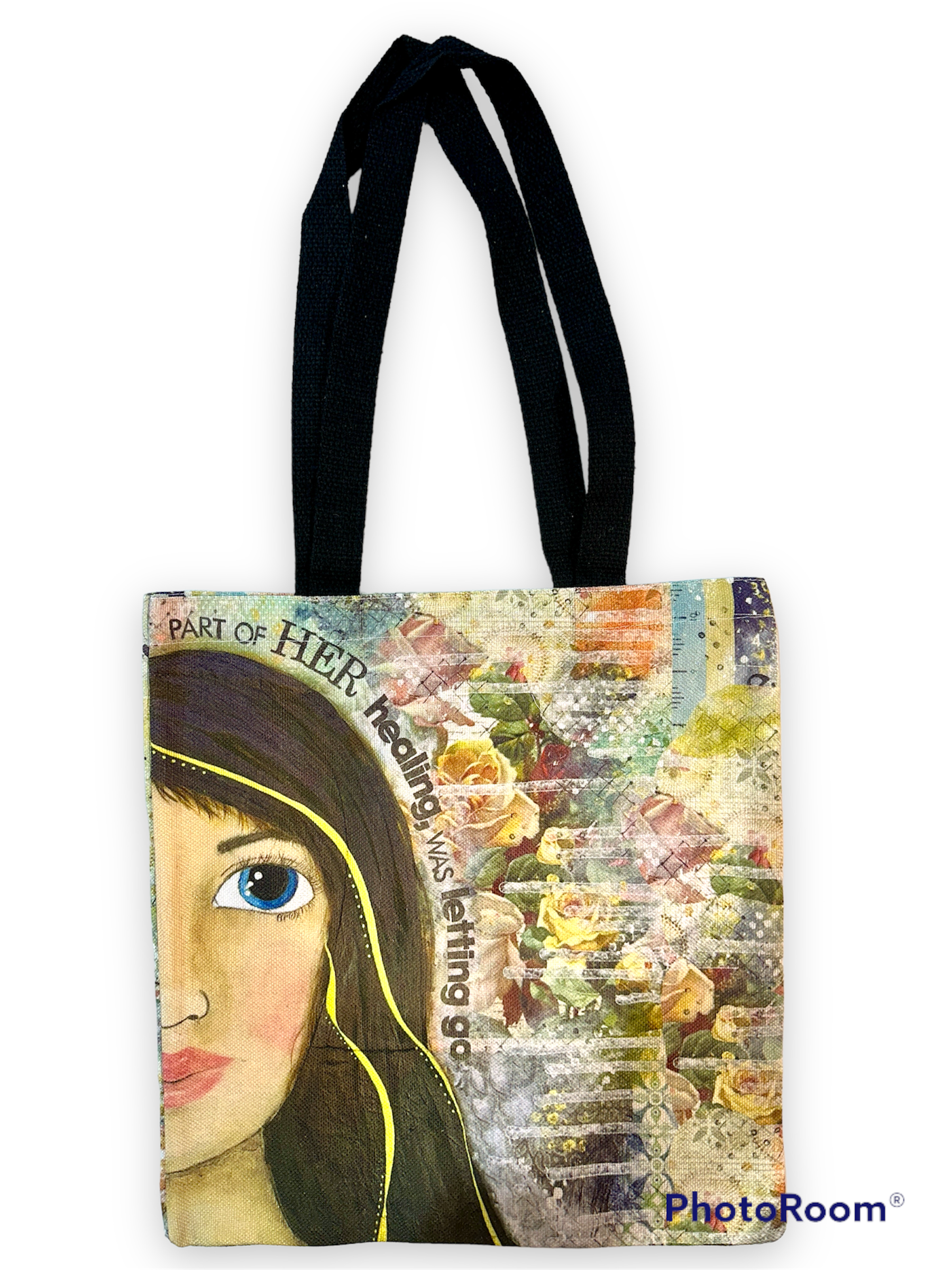 whimsy and me, multi colored, mixed media, girl, brunette, framed, recycled frame, blue eyes, whimsical girl, flowers, gold, healing, letting go, tote bag, double sided