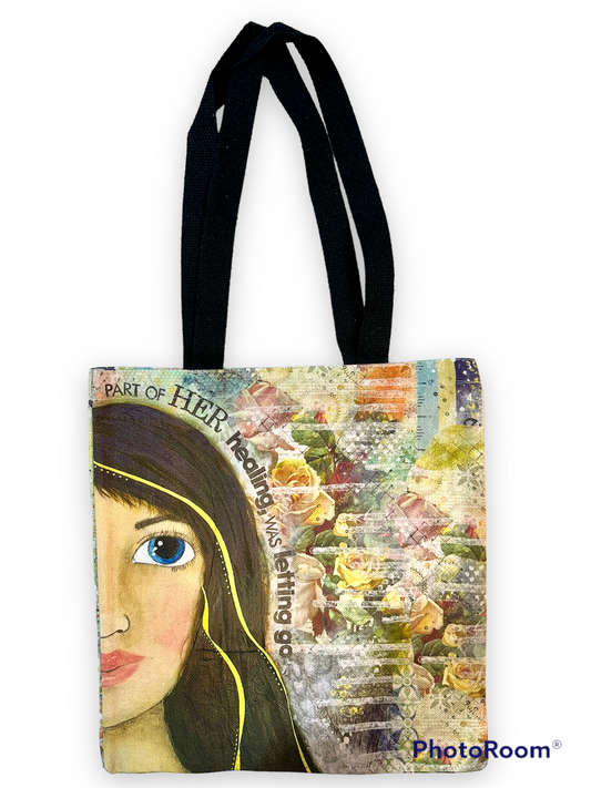 whimsy and me, multi colored, mixed media, girl, brunette, framed, recycled frame, blue eyes, whimsical girl, flowers, gold, healing, letting go, tote bag, double sided