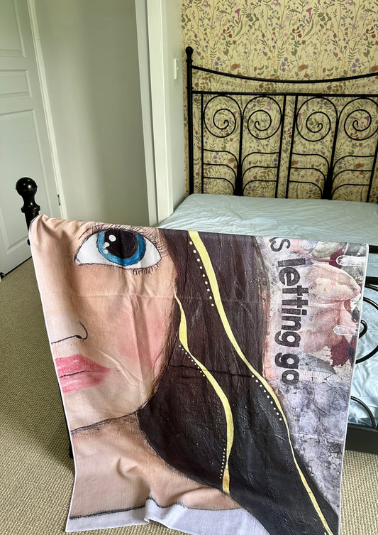 whimsy and me, multi colored, mixed media, girl, brunette, framed, recycled frame, blue eyes, whimsical girl, flowers, gold, healing, letting go, beach towel, soft, snuggly