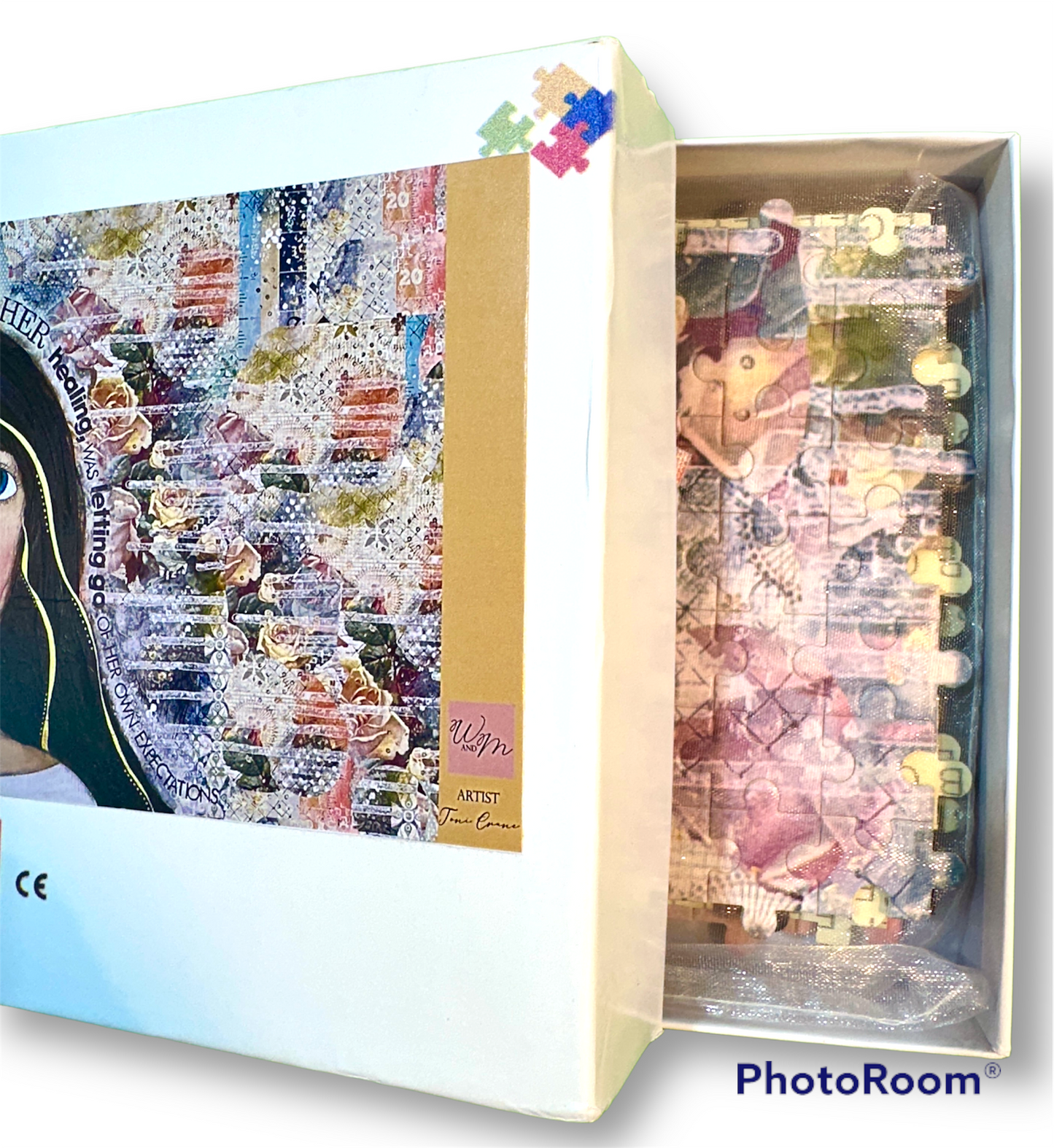 whimsy and me, multi colored, mixed media, girl, brunette, framed, recycled frame, blue eyes, whimsical girl, flowers, gold, healing, letting go, puzzle, creative