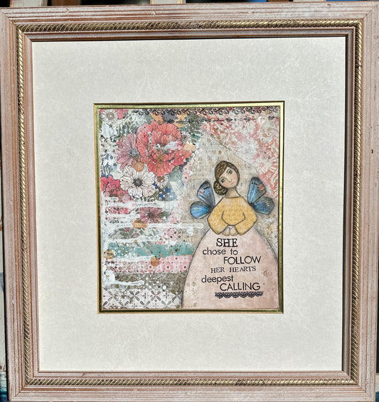 whimsy and me, multi colored, mixed media, girl, brunette, framed, recycled frame, brown eyes, whimsical girl, flowers, blue butterfly wings, gold highlights