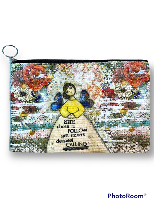 whimsy and me, multi colored, mixed media, girl, brunette, framed, recycled frame, brown eyes, whimsical girl, flowers, blue butterfly wings, gold highlights, beauty bag, soft, zipper closure, double sided