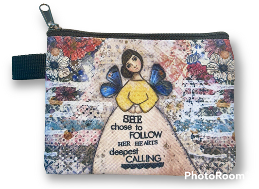 whimsy and me, multi colored, mixed media, girl, brunette, framed, recycled frame, brown eyes, whimsical girl, flowers, blue butterfly wings, gold highlights, coin purse