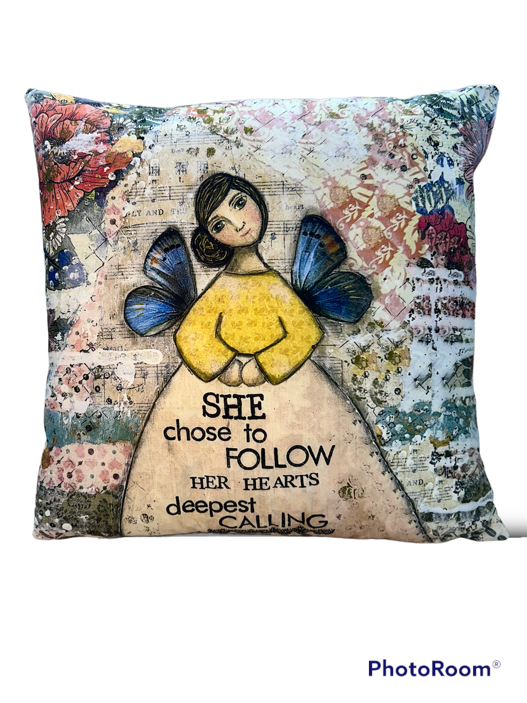 whimsy and me, multi colored, mixed media, girl, brunette, framed, recycled frame, brown eyes, whimsical girl, flowers, blue butterfly wings, gold highlights, cushion cover, comfortable, soft, zipper closure, double sided