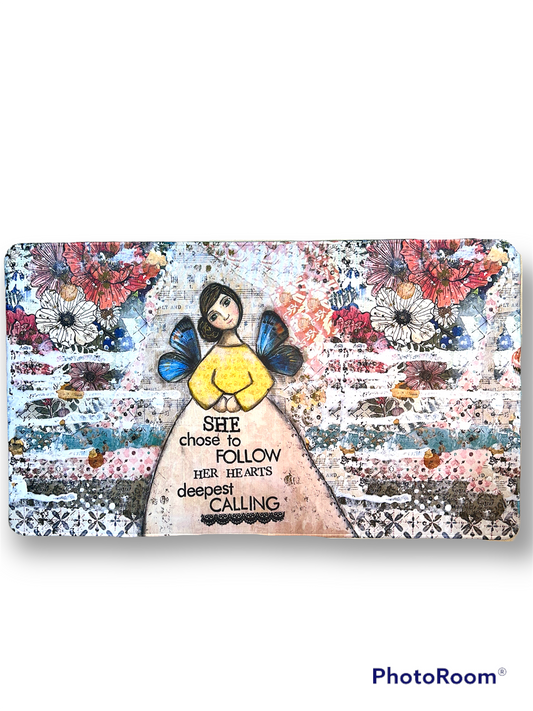 whimsy and me, multi colored, mixed media, girl, brunette, framed, recycled frame, brown eyes, whimsical girl, flowers, blue butterfly wings, gold highlights, gaming mat, soft, comfortable