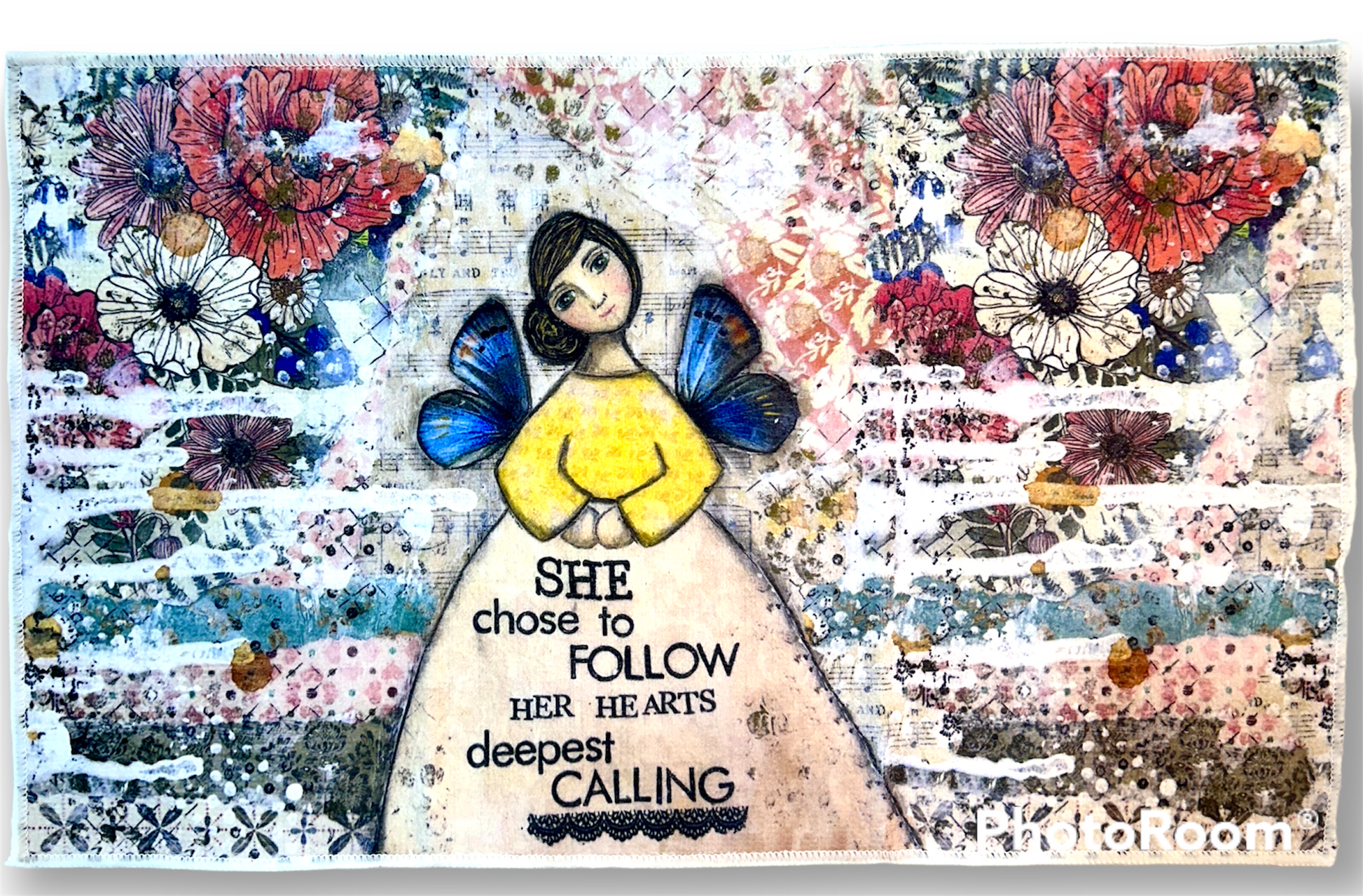 whimsy and me, multi colored, mixed media, girl, brunette, framed, recycled frame, brown eyes, whimsical girl, flowers, blue butterfly wings, gold highlights, hand towel, soft