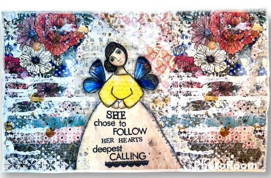 whimsy and me, multi colored, mixed media, girl, brunette, framed, recycled frame, brown eyes, whimsical girl, flowers, blue butterfly wings, gold highlights, hand towel, soft