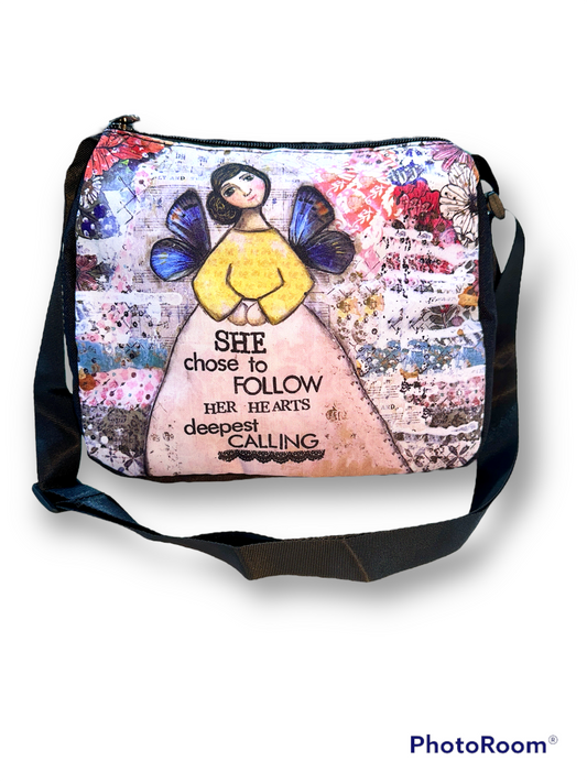 whimsy and me, multi colored, mixed media, girl, brunette, framed, recycled frame, brown eyes, whimsical girl, flowers, blue butterfly wings, gold highlights, hand bag
