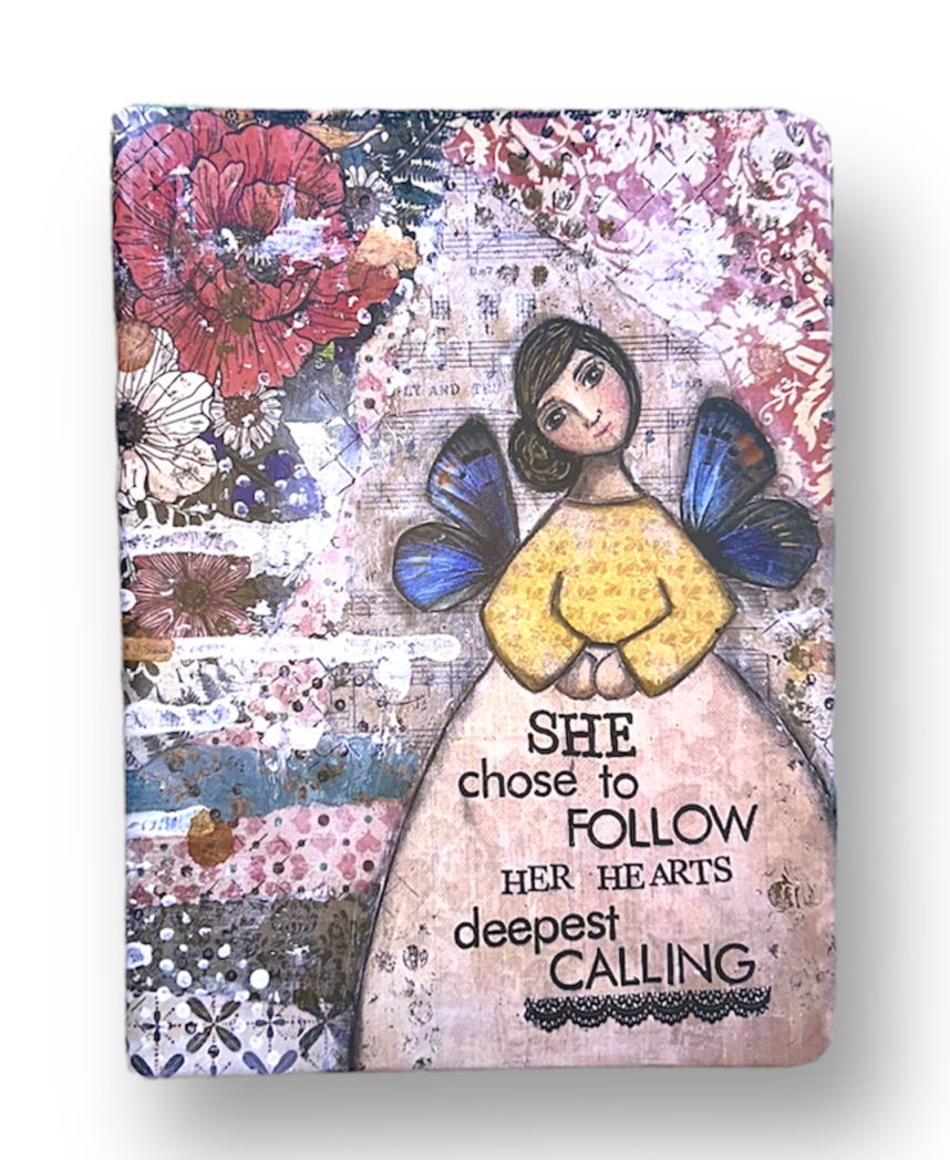 whimsy and me, multi colored, mixed media, girl, brunette, framed, recycled frame, brown eyes, whimsical girl, flowers, blue butterfly wings, gold highlights, book, art journal, journal, hard cover, lined pages