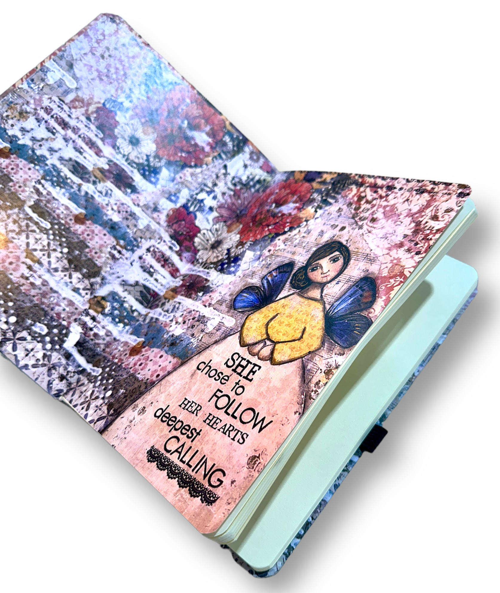 whimsy and me, multi colored, mixed media, girl, brunette, framed, recycled frame, brown eyes, whimsical girl, flowers, blue butterfly wings, gold highlights, sketch book, art journal, journal, hard cover