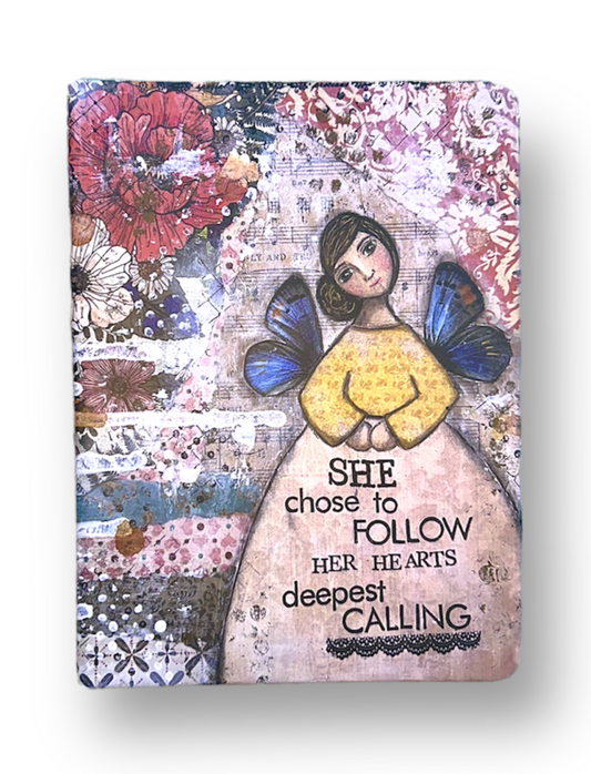 whimsy and me, multi colored, mixed media, girl, brunette, framed, recycled frame, brown eyes, whimsical girl, flowers, blue butterfly wings, gold highlights, sketch book, art journal, journal, hard cover