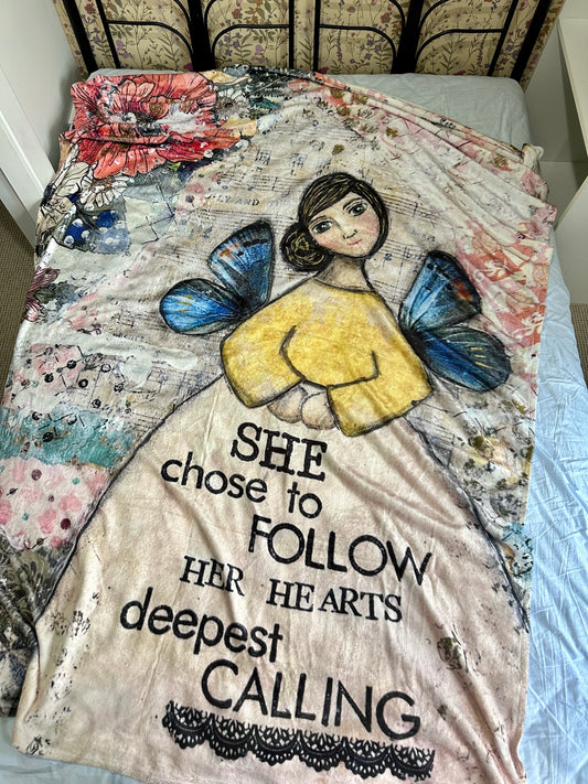 whimsy and me, multi colored, mixed media, girl, brunette, framed, recycled frame, brown eyes, whimsical girl, flowers, blue butterfly wings, gold highlights, mink blanket, soft, cosy, snuggly