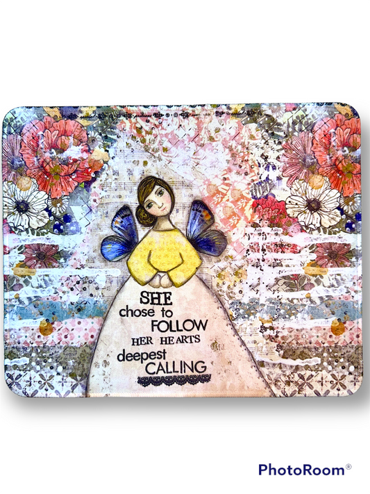 whimsy and me, multi colored, mixed media, girl, brunette, framed, recycled frame, brown eyes, whimsical girl, flowers, blue butterfly wings, gold highlights, mouse pad, soft, comfortable