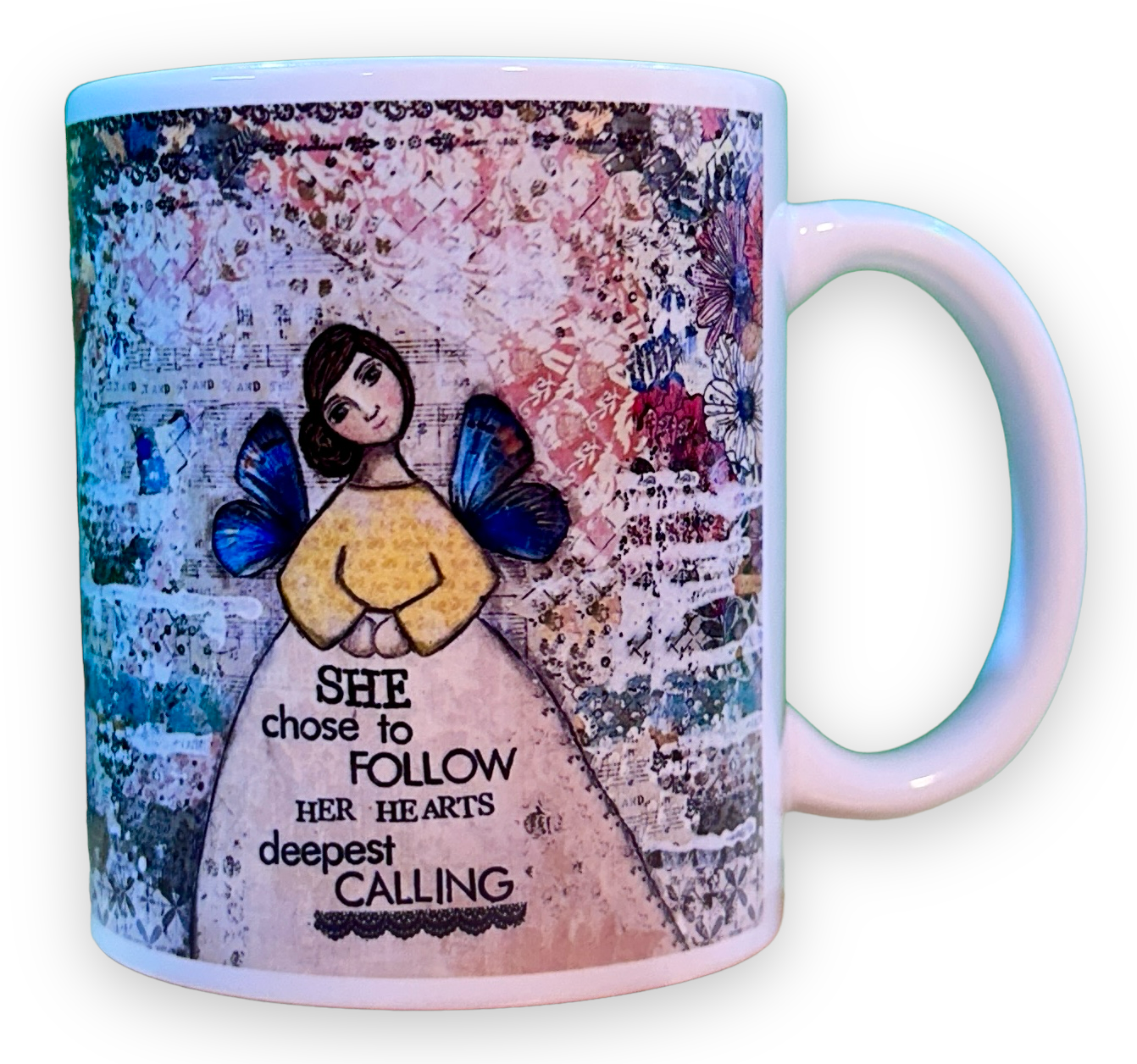 whimsy and me, multi colored, mixed media, girl, brunette, framed, recycled frame, brown eyes, whimsical girl, flowers, blue butterfly wings, gold highlights, mug