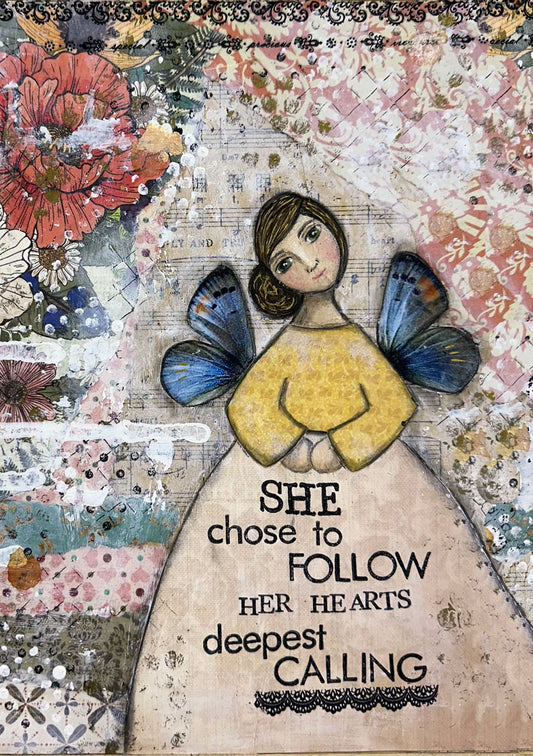 whimsy and me, multi colored, mixed media, girl, brunette, framed, recycled frame, brown eyes, whimsical girl, flowers, blue butterfly wings, gold highlights, art print