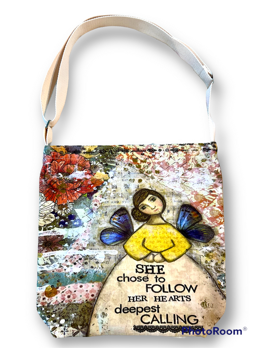 whimsy and me, multi colored, mixed media, girl, brunette, framed, recycled frame, brown eyes, whimsical girl, flowers, blue butterfly wings, gold highlights, satchel bag