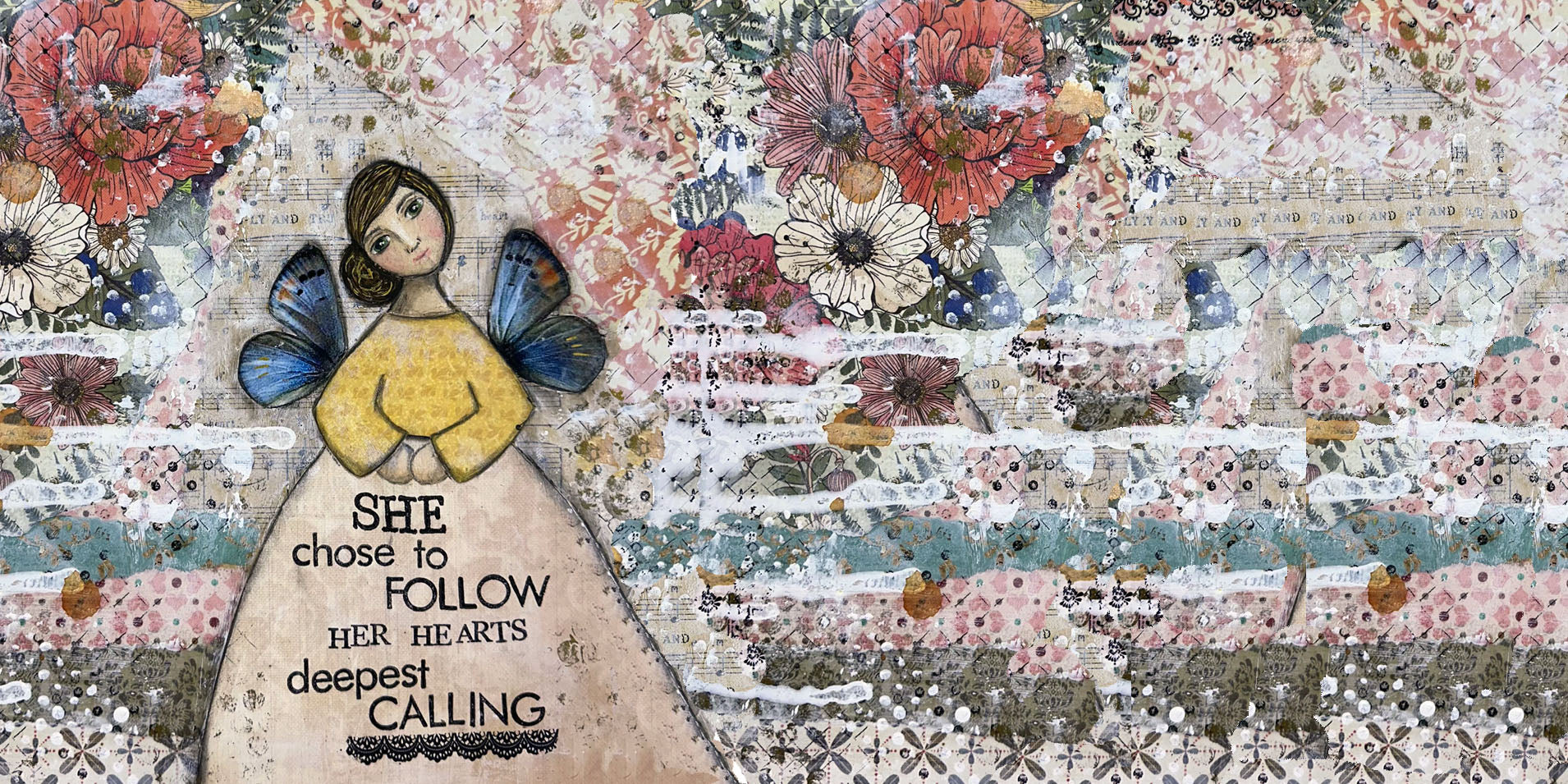 whimsy and me, multi colored, mixed media, girl, brunette, framed, recycled frame, brown eyes, whimsical girl, flowers, blue butterfly wings, gold highlights, beach towel, soft, cosy, snuggly