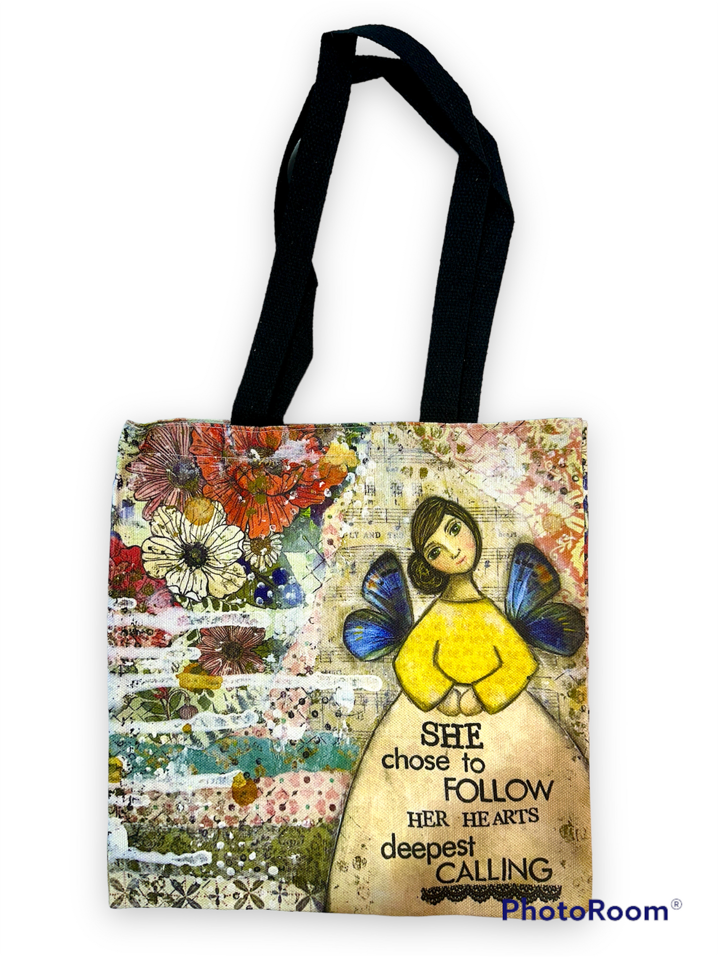 whimsy and me, multi colored, mixed media, girl, brunette, framed, recycled frame, brown eyes, whimsical girl, flowers, blue butterfly wings, gold highlights, tote bag