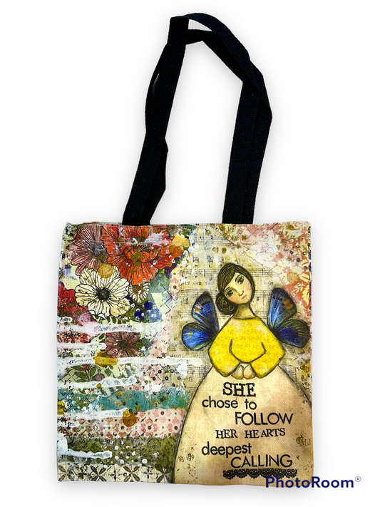 whimsy and me, multi colored, mixed media, girl, brunette, framed, recycled frame, brown eyes, whimsical girl, flowers, blue butterfly wings, gold highlights, tote bag