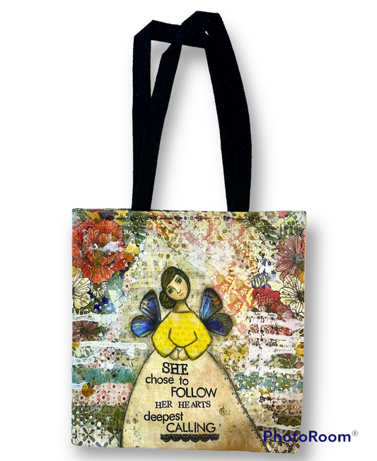 whimsy and me, multi colored, mixed media, girl, brunette, framed, recycled frame, brown eyes, whimsical girl, flowers, blue butterfly wings, gold highlights, tote bag