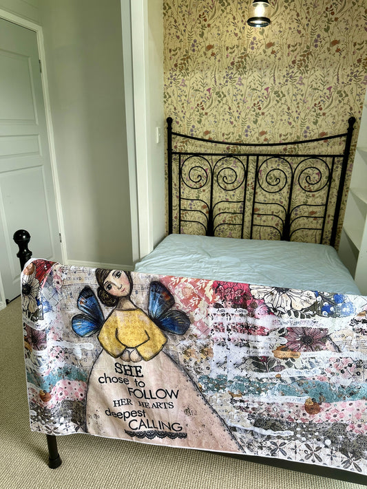 whimsy and me, multi colored, mixed media, girl, brunette, framed, recycled frame, brown eyes, whimsical girl, flowers, blue butterfly wings, gold highlights, beach towel, soft, cosy, snuggly