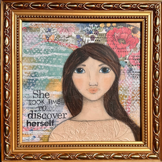 whimsy and me, multi colored, mixed media, girl, brunette, framed, recycled frame, blue eyes, whimsical girl, flowers, vintage wallpaper, discovering, gold frame