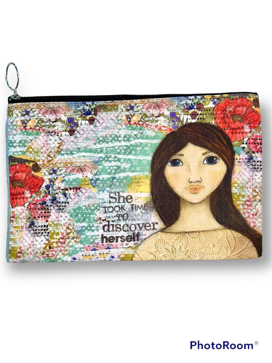 whimsy and me, multi colored, mixed media, girl, brunette, framed, recycled frame, blue eyes, whimsical girl, flowers, vintage wallpaper, discovering, beauty bag, zipper closure