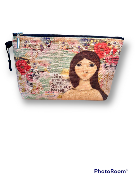whimsy and me, multi colored, mixed media, girl, brunette, framed, recycled frame, blue eyes, whimsical girl, flowers, vintage wallpaper, discovering, beauty bag, zipper closure