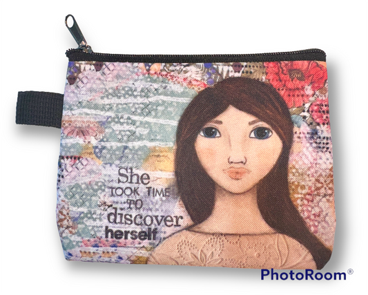 whimsy and me, multi colored, mixed media, girl, brunette, framed, recycled frame, blue eyes, whimsical girl, flowers, vintage wallpaper, discovering, coin purse, zipper closure